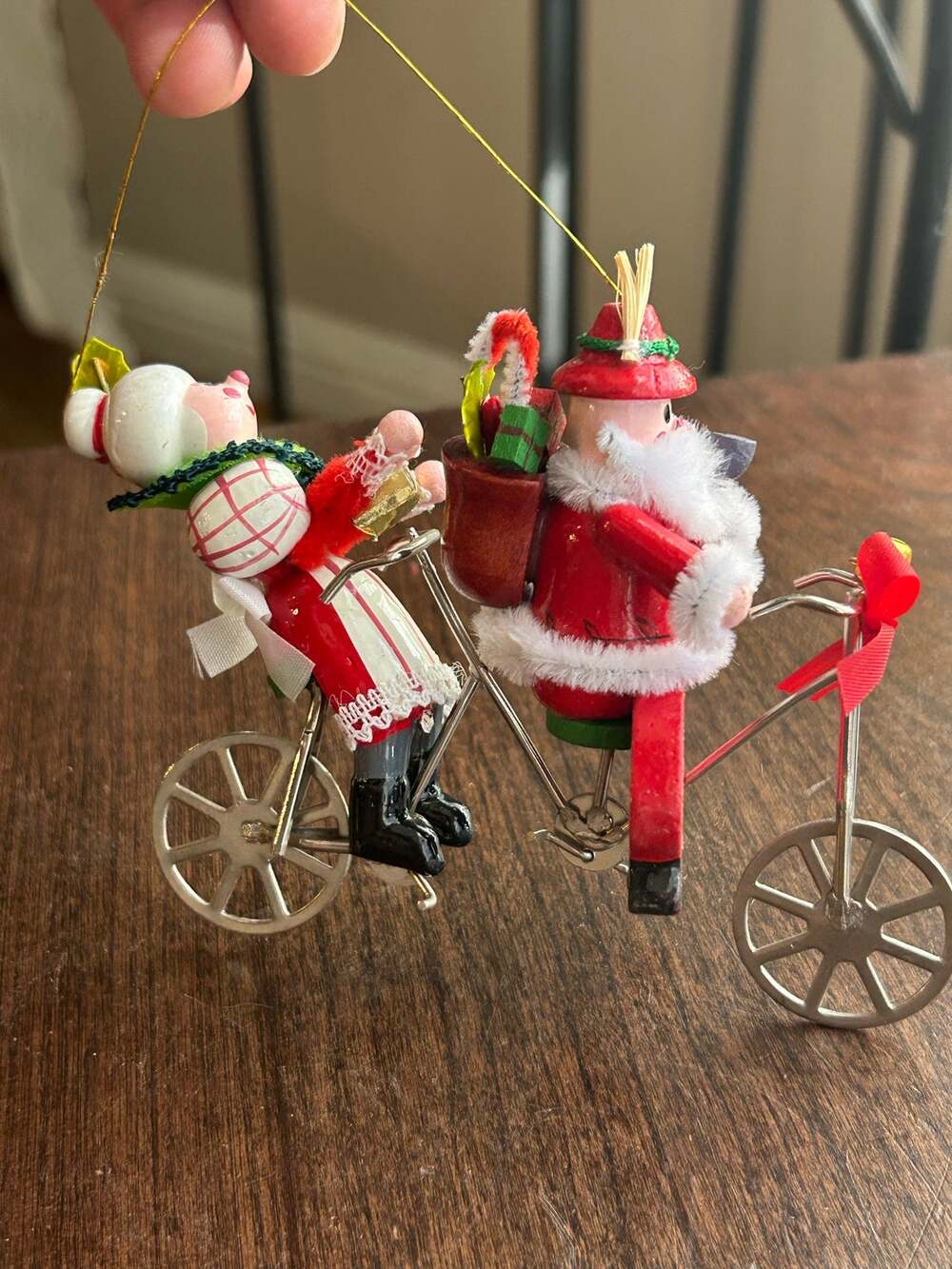 Vintage Kurt Adler wood wooden Mrs. Clause & Santa on a bike Christmas ornament